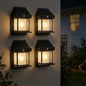 4 Pack Solar Motion Sensor Wall Lights – IP65 Waterproof, Ideal for Courtyard, Villa, or Pathway. Features 3 Lighting Modes, Charges by Day, Turns on with Motion at Night, No Wiring Needed (Black Modern Design)