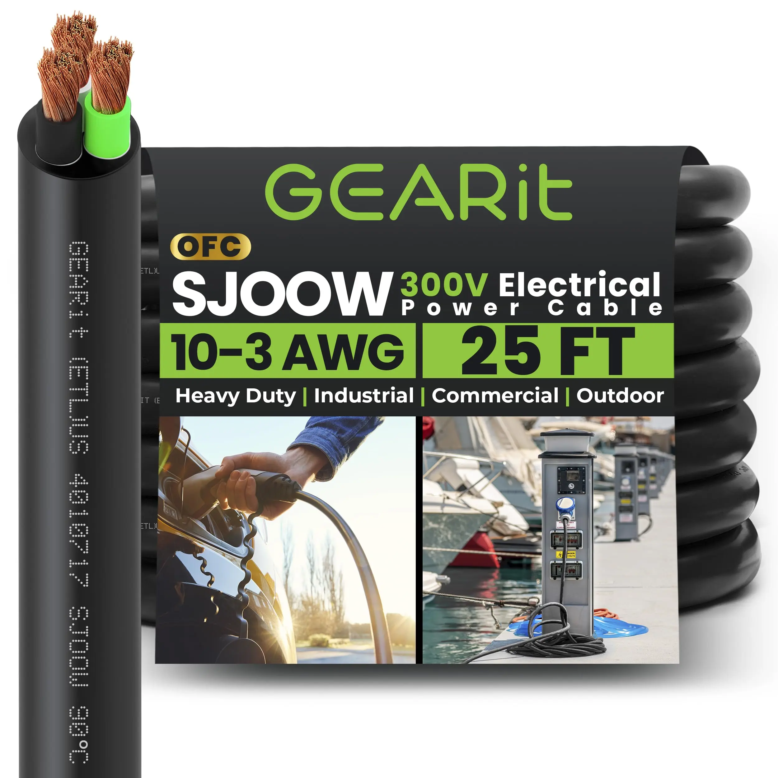 GearIt Heavy Duty 10/3 SJOOW OFC Power Cable - 10 AWG, 3-Conductor, 300V, Oxygen Free Copper, Oil Resistant, ETL Listed, High Conductivity, -40°C to 90°C, Outdoor Industrial Home Improvement Electrical Equipment