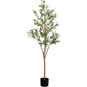 5FT Tall Silk Faux Olive Tree for Home and Office, Fake Potted Tree with Natural Wood Trunk, Realistic Branches and Lifelike Fruits