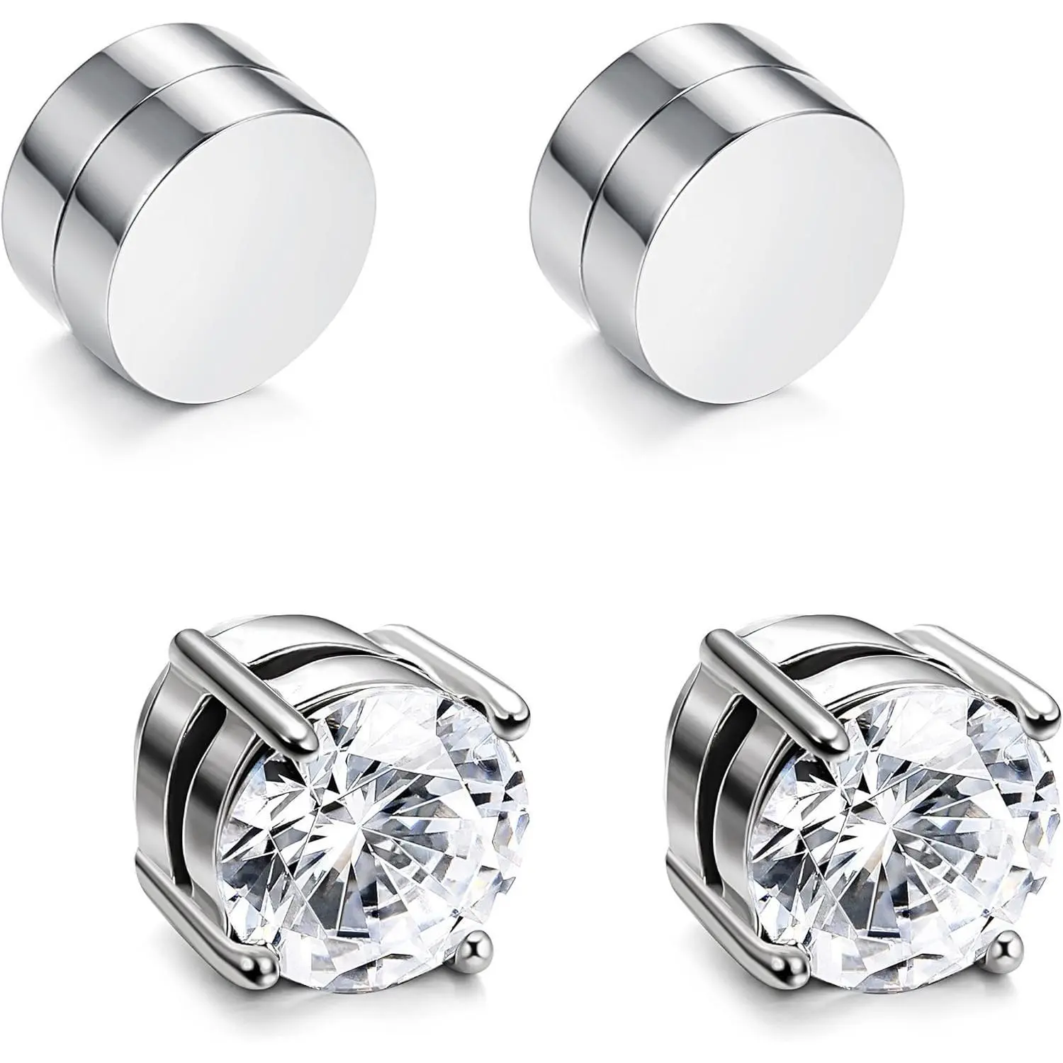 Stainless Steel Stud Earrings 2 Pairs 6MM for Men Women Non Piercing Clip on CZ Earrings.ms