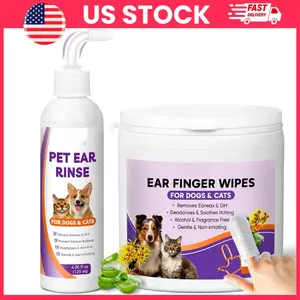 Dog Ear Cleaner Kit with Aloe Vera and Witch Hazel Ear Wash Solution for Dogs and Cats Ear Wax Removal Ear Itching Relief Deodorizing Ear Cleaner and Finger Wipes Pet Ear Cleaning Kit for Daily Hygiene Pet Ear Care Supplies Grooming Essentials