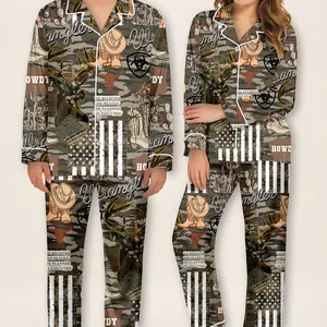Cowgirl Hunting Camo Satin Pajama Set for Women, Faith Inspired Western Sleepwear, Deer Skull Cross Print PJs, Country Cowgirl Nightwear, Christian Hunting Pajamas, Soft Silky Long Sleeve Loungewear, Gift for Cowgirl, Outdoors Lover PJs