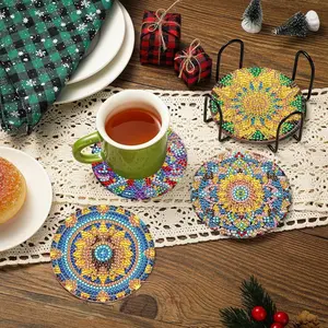 8 Piece Mandala Diamond Puzzle Coasters, DIY 5D Colorful Flower Set with Metal Stand, Non-Slip Drink Coasters for Table Decor