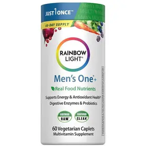 HOT! Rainbow Light Mens Multivitamin One + | 60 Caplets | Supports Energy & Antioxidant Health | with Real Food Nutrients, Digestive Enzymes & Probiotics