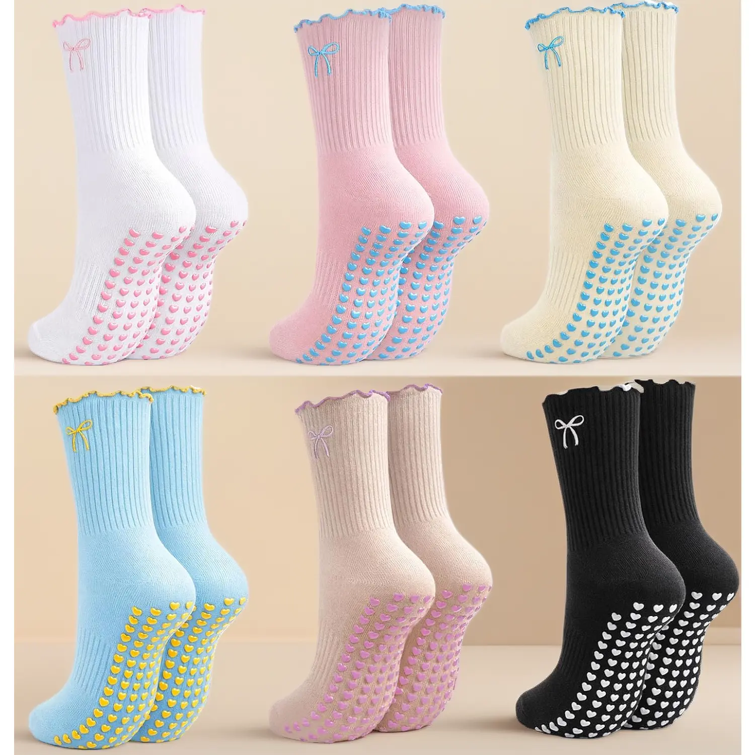 Women's Ruffle  Socks – 3/6 Pairs Non Slip Cotton Crew Yoga Socks, Frilly Embroidery Ballet Socks for Barre & Home Workout