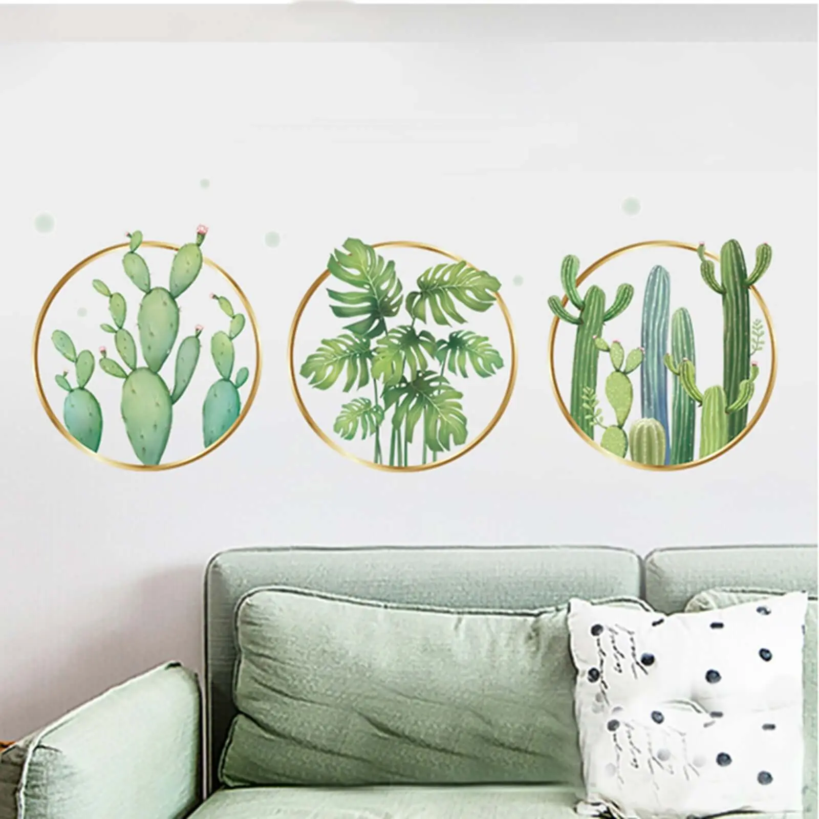 Decorative Green Tropical Leaf & Cactus Flat Frame Vinyl Wall Stickers - Colored Shaped Home Decor for TV Backdrop, Furniture, Glass