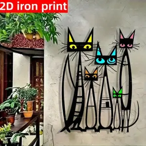 2D iron flat, 1 pc, Minimalist style cat silhouette metal wall art, wall art decoration - terrace - garden, courtyard, living room and bedroom outdoor fence decoration, with colorful embellishments, simple geometric decoration, Western Wall Art