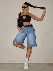 Women's Fitted High Waist Denim Shorts, Plain Pattern, Casual Style, Comfortable & Stylish Design, Perfect for Everyday Wear