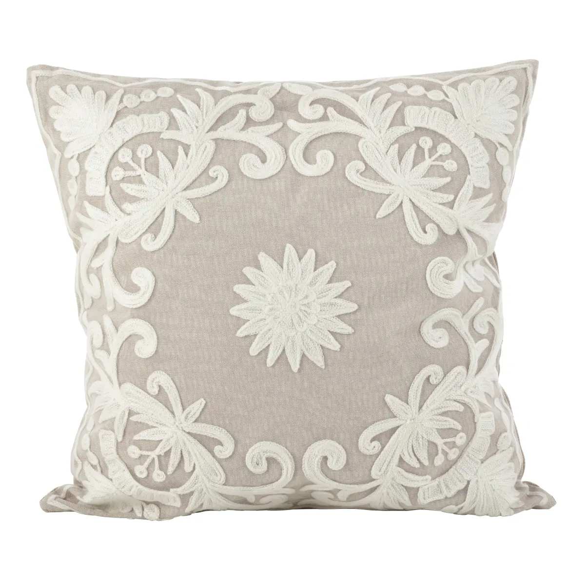 SARO AN01.I18S 18 in. Square Embroidered Floral Design Cotton Poly Filled Throw Pillow Ivory