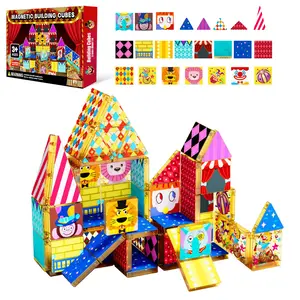 52PCS/60PCS Magnetic Tiles Building Blocks Set, Circus Theme Magnetic Building Cubes, STEM Educational Construction Toy, 3D Castle Building Kit, Montessori Sensory Learning Toys, Creative Magnet Blocks for Kids Boys Girls Ages 3+, Birthday Christmas Gift