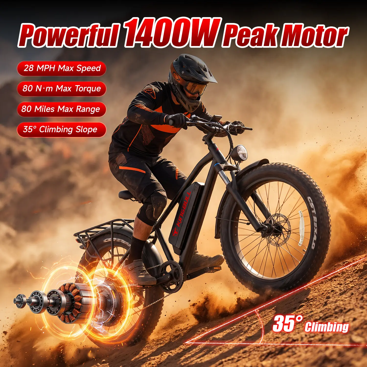 Kingbull Hunter 2.0S Electric Bike, 1400W Peak Power, 48V 18Ah Removable Battery, Full Suspension, 28 MPH Top Speed, 80 Mi Range, 26" x 4.0" All-Terrain Fat Tires, Hydraulic Disc Brakes, Mountain Ebike for Adults