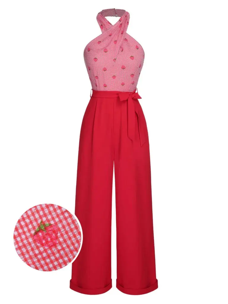 RETROSTAGE Women's 1950s Retro Jumpsuit with Gingham & Strawberry Embroidery, Aesthetic Criss Cross Halter, Belted Wide Leg Ankle Pants, Fashion