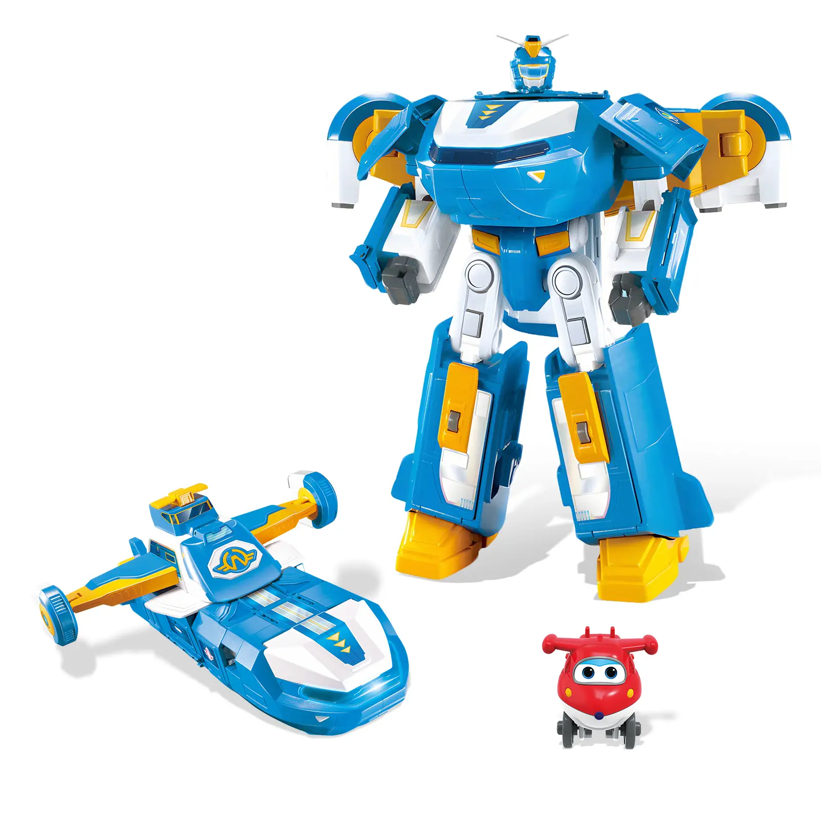 Super Wings 3-in-1 World Aircraft Transforming Robot with Light and Sound Effects, with a 2‘’ Transformable Robot Jett, Transformable Toy Role Play Toys for Kids, Gifts for Boys & Girls Age 3+ Blue