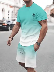 Men's Summer Casual Fitted Set, 2-Piece Vacation with Gradient Tropical Coconut Tree Print T-Shirt and Shorts, Comfortable Breathable Beach Wear with Elastic Waist Design