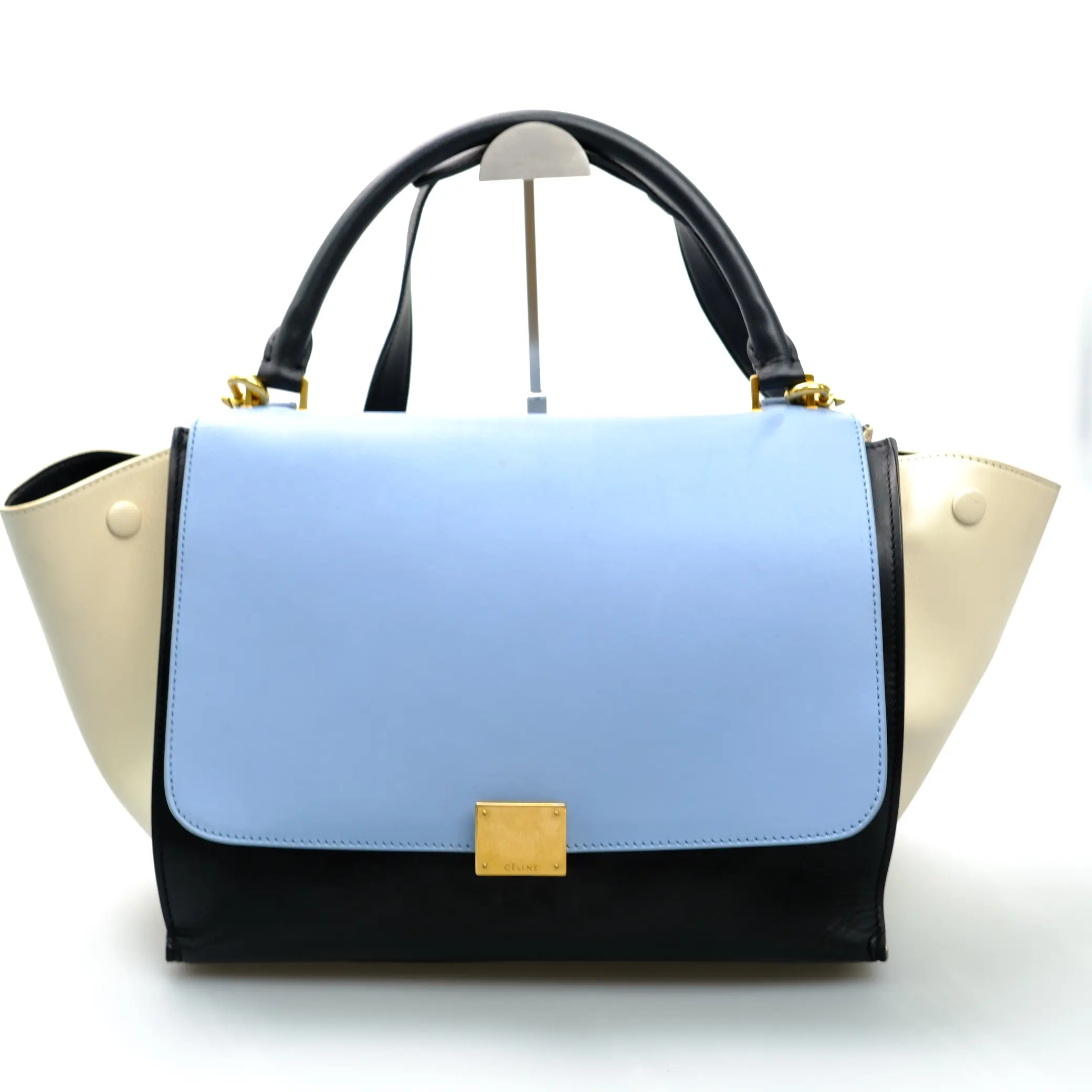 Pre-owned Celine Trapeze Medium Light Blue Black and Ivory Smooth Calfskin Top Handle Bag