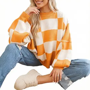 Asvivid Fall Clothes For Women Plaid Checkered Print Sweaters Drop Shoulder Bishop Long Sleeve Sweater Pullover Tops Fashion Winter Outfits