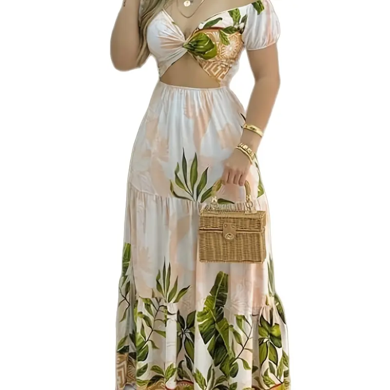 summer  new style dress unique curvy women Elegant Loose Off-Shoulder Summer Vacation Dress Casual V-Neck Long Women's Print Slim Fit Navel-Baring Party Club Hollow-Out Maxi Fabric Polyester Womenswear Sleeve Floral Beige