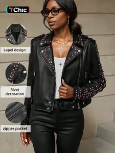 Women's PU Leather Jacket, Fashion Casual Outerwear for Daily Outdoor Wear, Ladies Clothes for Spring Fall, Studded Leather Jacket