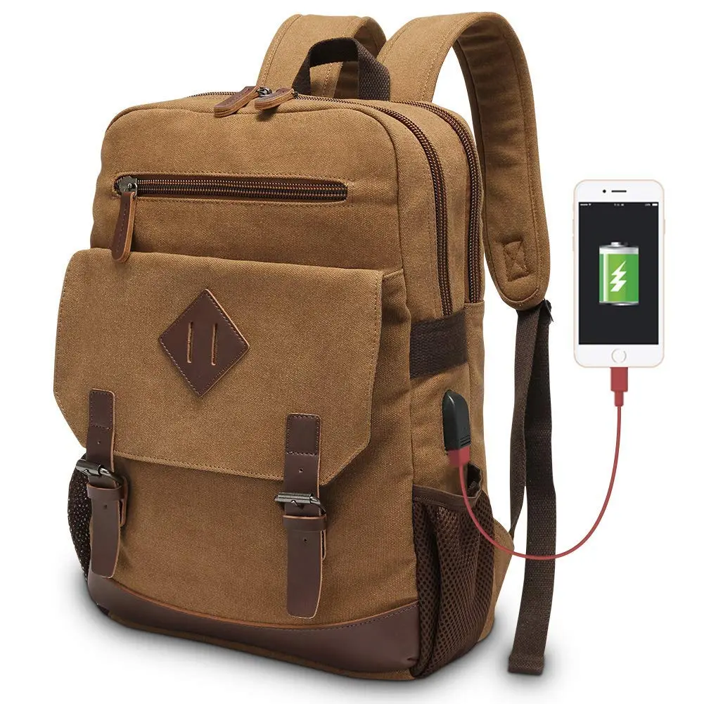 Canvas Backpack For Men Women  Vintage Rucksack Fits 15.6 Inch Laptop Bookbag With Usb Charging Port Brown