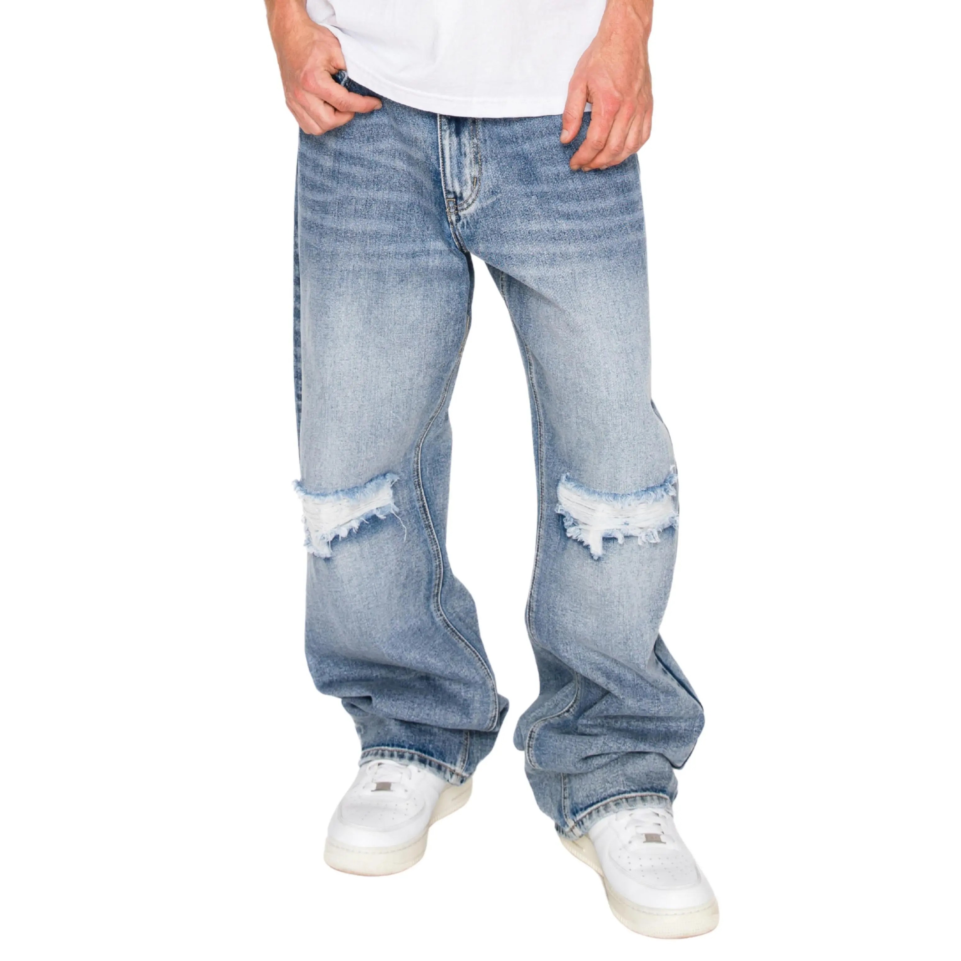 VICTORIOUS Baggy Fit Distressed Denim Jeans, Cotton, Menswear, Trouser, Plain, Pants, Classic, Pocket, Fabric