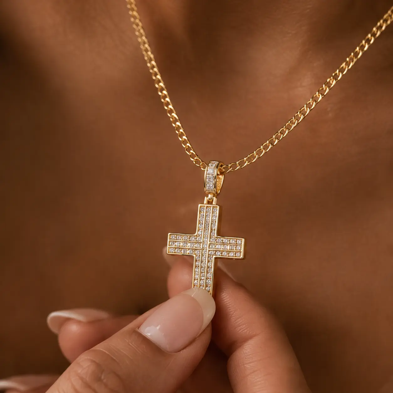 【AMKMAX】Gold Cross Necklace for Women, CZ Cross Pendant Necklace, 14K Gold Plated, Hypoallergenic Christian Jewelry Gift accessories y2k luxurious style mom birthday elegant