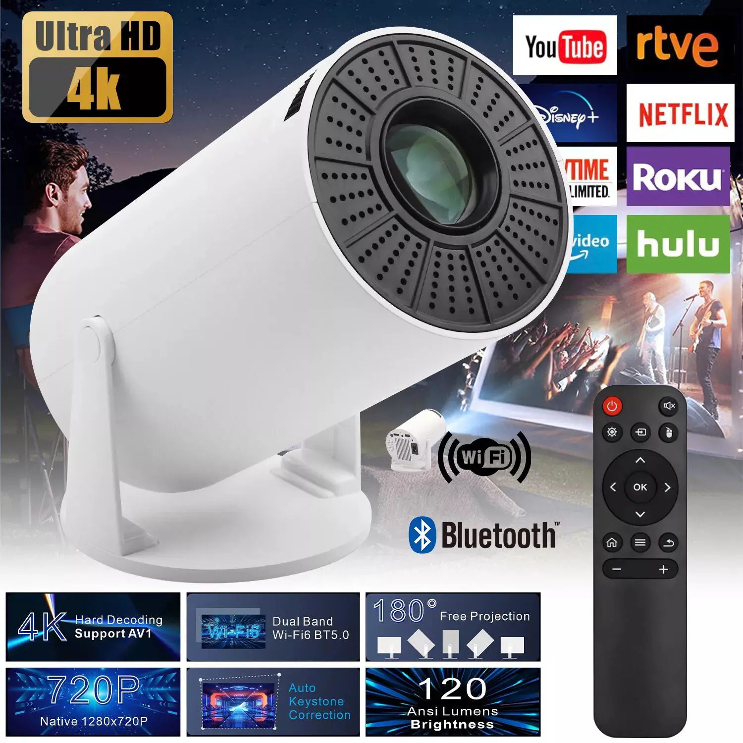Uslion 4K Mini Projector - 10000 High Lumens LED, Full HD 1080P, Local Android OS, WiFi, Bluetooth, UHD Portable Home Theater, Wireless Remote, Adjustable Cable, Automatic USB, HDMI Audio