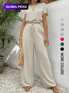 Women's Solid Color Top & Wide Leg Pants Two-piece Set, Casual Round Neck Top & Elastic Waist Trousers for Summer, Ladies Clothes for Daily Wear, Womenswear