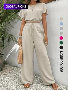 women's solid color top & wide leg pants two-piece set, casual round neck top & drawstring waist trousers for summer, ladies clothes for daily wear, womenswear