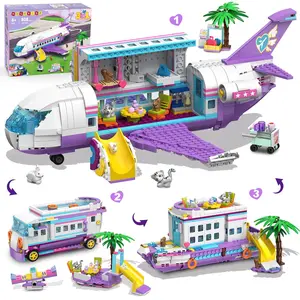 HOGOKIDS 3-in-1 Friends Airplane Building Toy Set - 808PCS Plane/Boat/Camper Van Building Toys with Cute 6 Mini Animals, Slide, Fun Accessories and Stickers, Birthday Gifts for Girls Boys Age 6-12+ Adorable Companions Learning