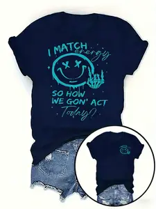 Women's American Street Sweet Cool Style T-Shirt, Y2K Dark Subculture Vintage Brand Elements, Blue Graffiti Design, Loose Fit Casual Tee