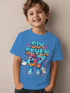 6-7 Boys' Casual Round Neck Short Sleeve T-Shirt, Four Color Base, Fun 3D Donut Cartoon Print, Fashionable and Versatile Kids Top