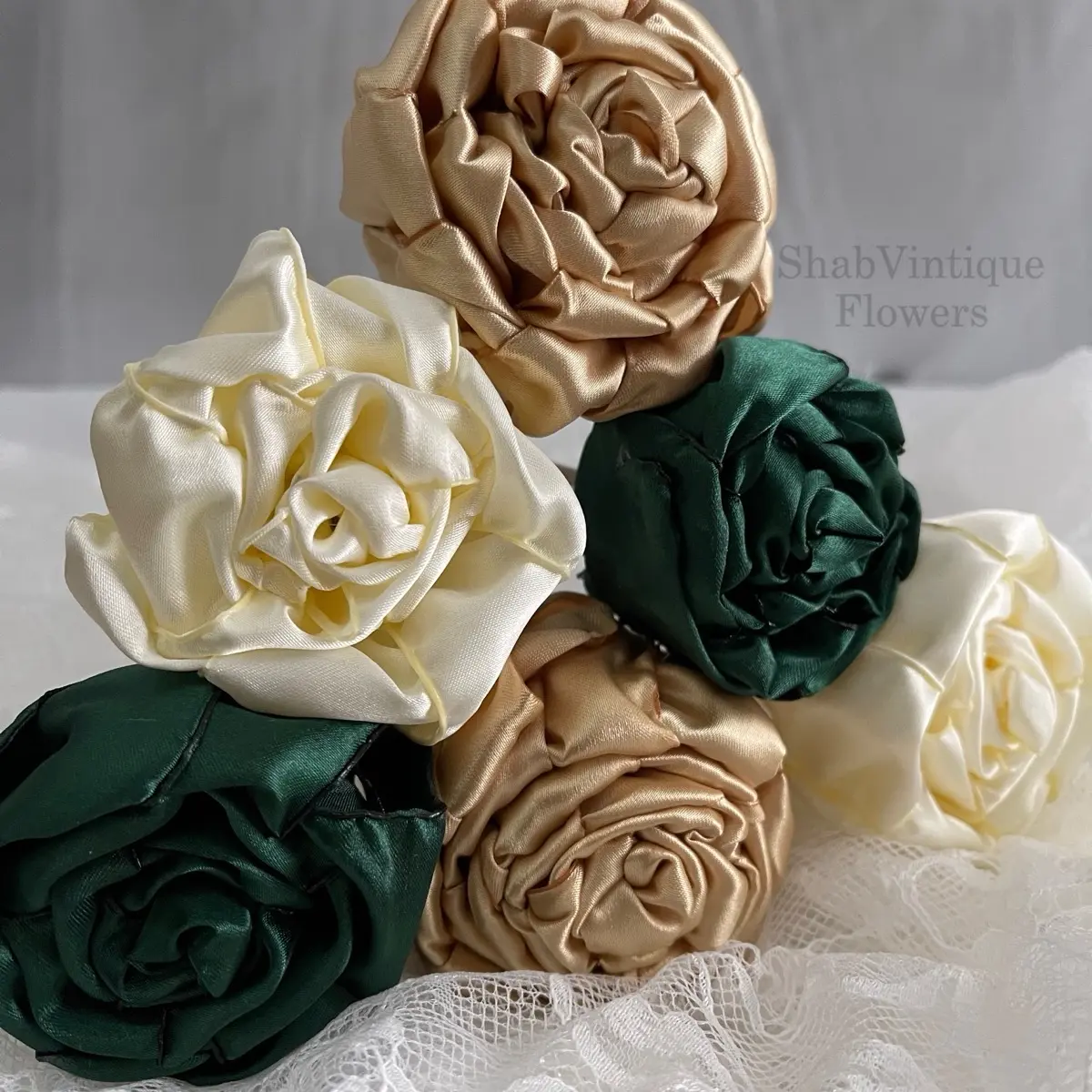 Emerald, Ivory, and Gold 3 flowers~ 12 inch stems, Wedding Flower centerpiece, reception table decorations, Wedding Arch Flowers Decorative