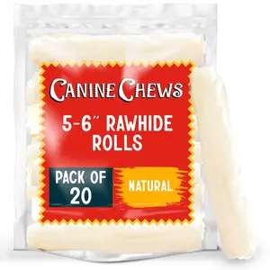 Canine Chews 5-6" Dog Rawhide Retriever Rolls - Pack of 20 Extra Thick Dog Rawhide Chews - 100% Real & All-Natural Beef Rawhide Bones for Small Dogs