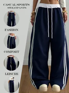 Women's High-Waist Flare Leg Sweatpants, Navy Blue with White Stripes, Casual Athleisure Pants for Streetwear Fashion and Daily Comfort, Casual Comfy Sweatpants, Athleisure Style Bottoms