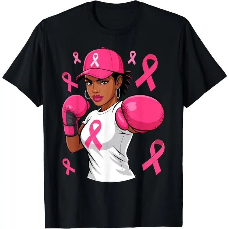 100% Cotton Unisex Women Black African American Fight Breast Cancer Pink Ribbon T-Shirt cotton  on Cotton T-Shirt women's  clothes Casual Round Neck Tshirt