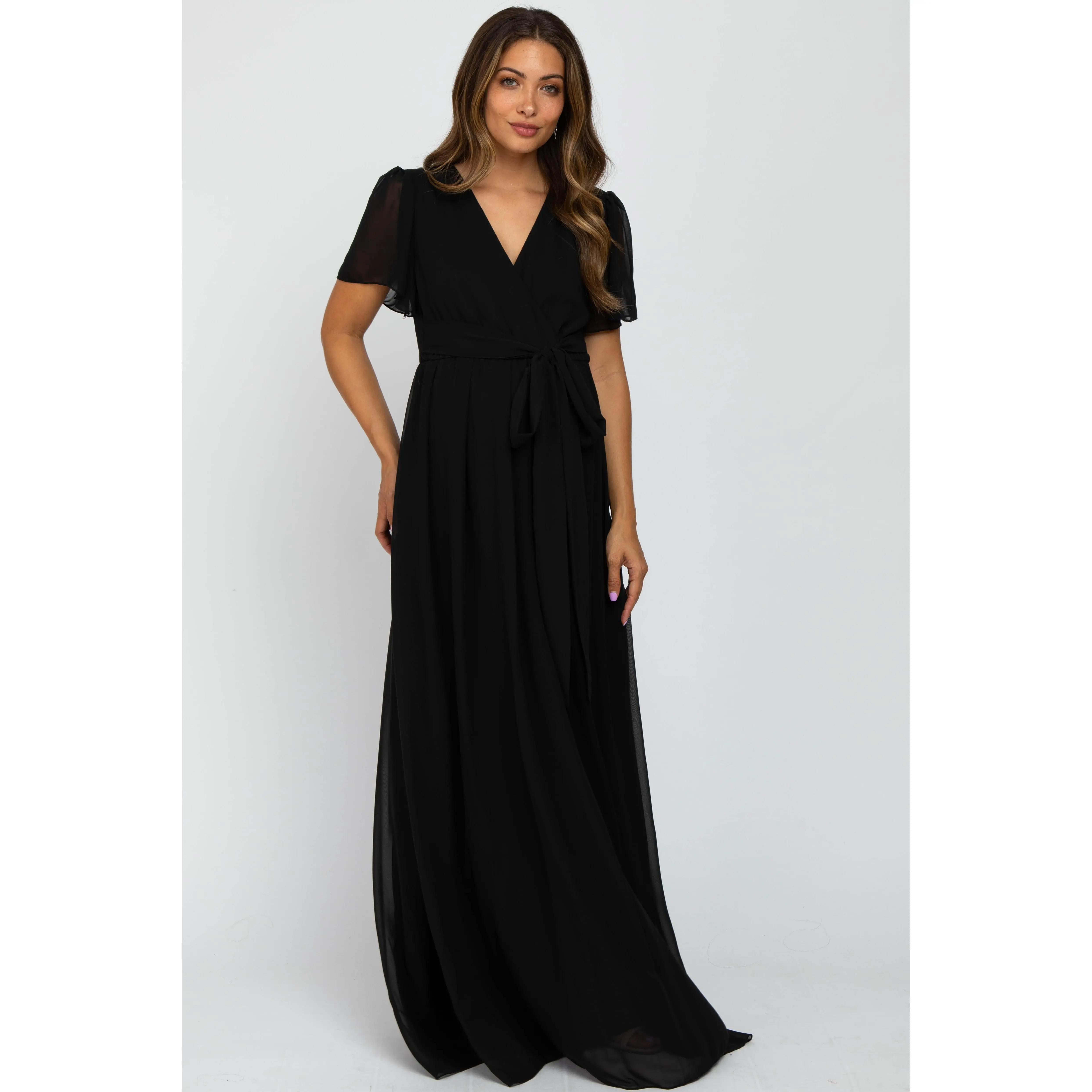 Flowy Chiffon Maternity Maxi Dress in Black with Short Sleeves, Empire Waist Bump Friendly Pregnancy Clothes for Events, Maternity Dresses, Maxi Dress Maternity Clothing & Accessories