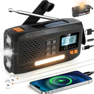 Crank Radio, NOAA Weather Alert 7400 mWh Solar Portable AM/FM Radio, Rechargeable  Led Flashlight, LCD Screen Headphone Jack for Power Outages, Camping, , ,