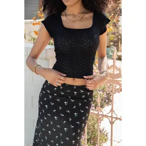 NECTAR Women's Eyelet Stretch Lace Blouse - Textured 98% Polyester 2% Spandex Fabric, Short Cap Sleeves, Square Neckline, Hand Wash Cold