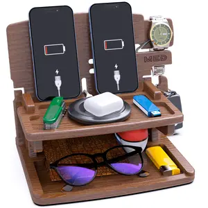 MED Wood Phone Docking Station – Nightstand Desk Organizer for Phone, Watch, Wallet & Tablet – Gift for Men, Husband, Dad & Women – Wooden Charging Stand (Black, Model 2)