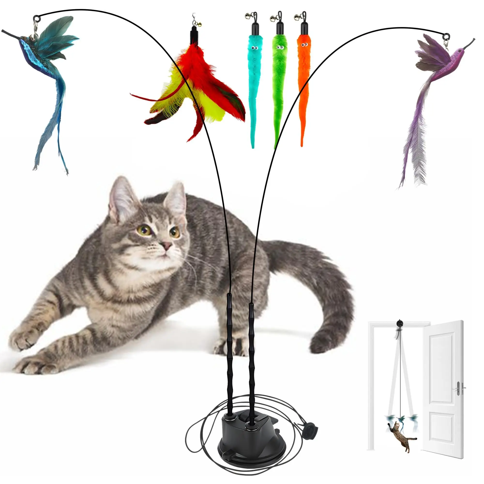 Gift for Pets, Interactive Cat Toy Set, 8 Counts/set Including 2 Cat Wands with Base and 6 Feather Replacement Heads with Bells, Fun and Exercise for