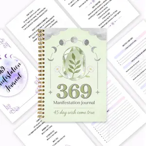 369 Manifestation Diary, Light Green Crystal Lunar Phase Planner Notebook, Guided Journal, 100 pages of high-quality paper, spiral binding for easy reading, includes 3-6-9 Manifestation Method guided questions, daily gratitude exercises and goal tracking