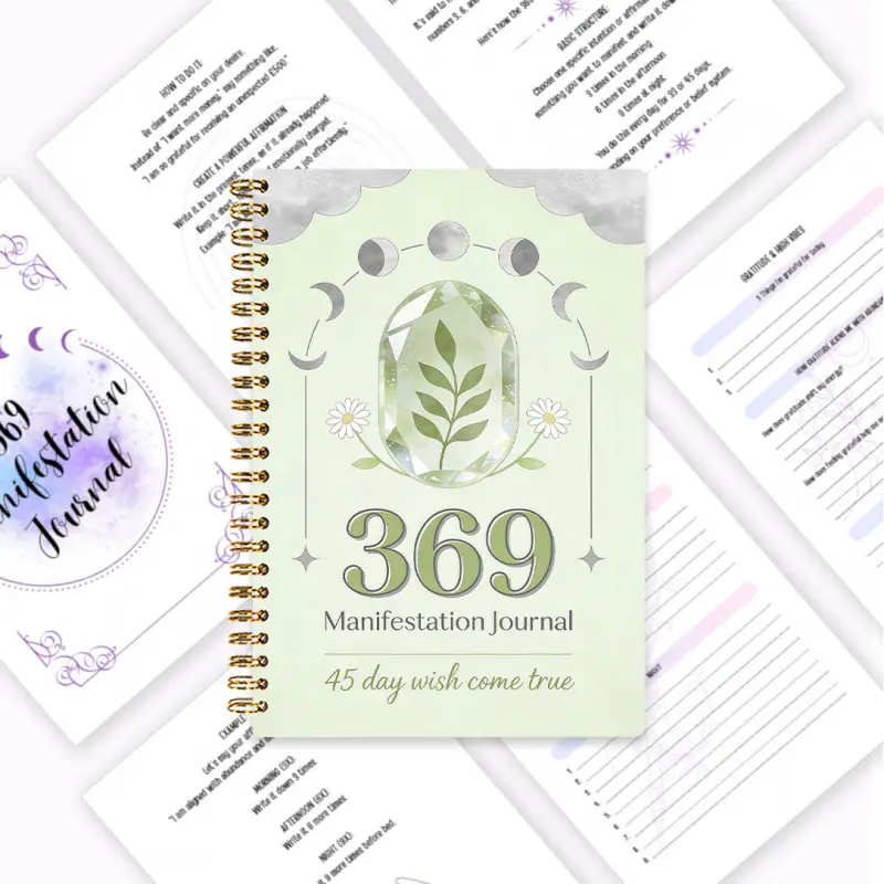 369 Manifestation Diary, Light Green Crystal Lunar Phase Planner Notebook, Guided Journal, 100 pages of high-quality paper, spiral binding for easy reading, includes 3-6-9 Manifestation Method guided questions, daily gratitude exercises and goal tracking