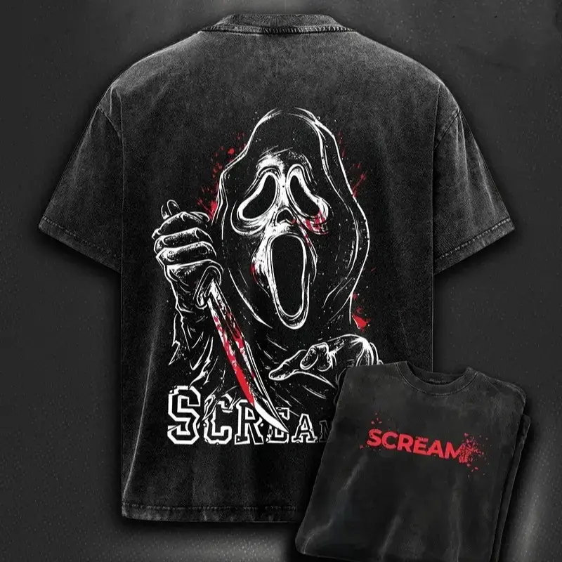Menswear Ghost Face Scream Classic Short-Sleeve Round Neck Breathable Vintage Acid Wash T-Shirt, Double-Sided Horror Movie Graphic Oversized Unisex Cotton Top for Halloween