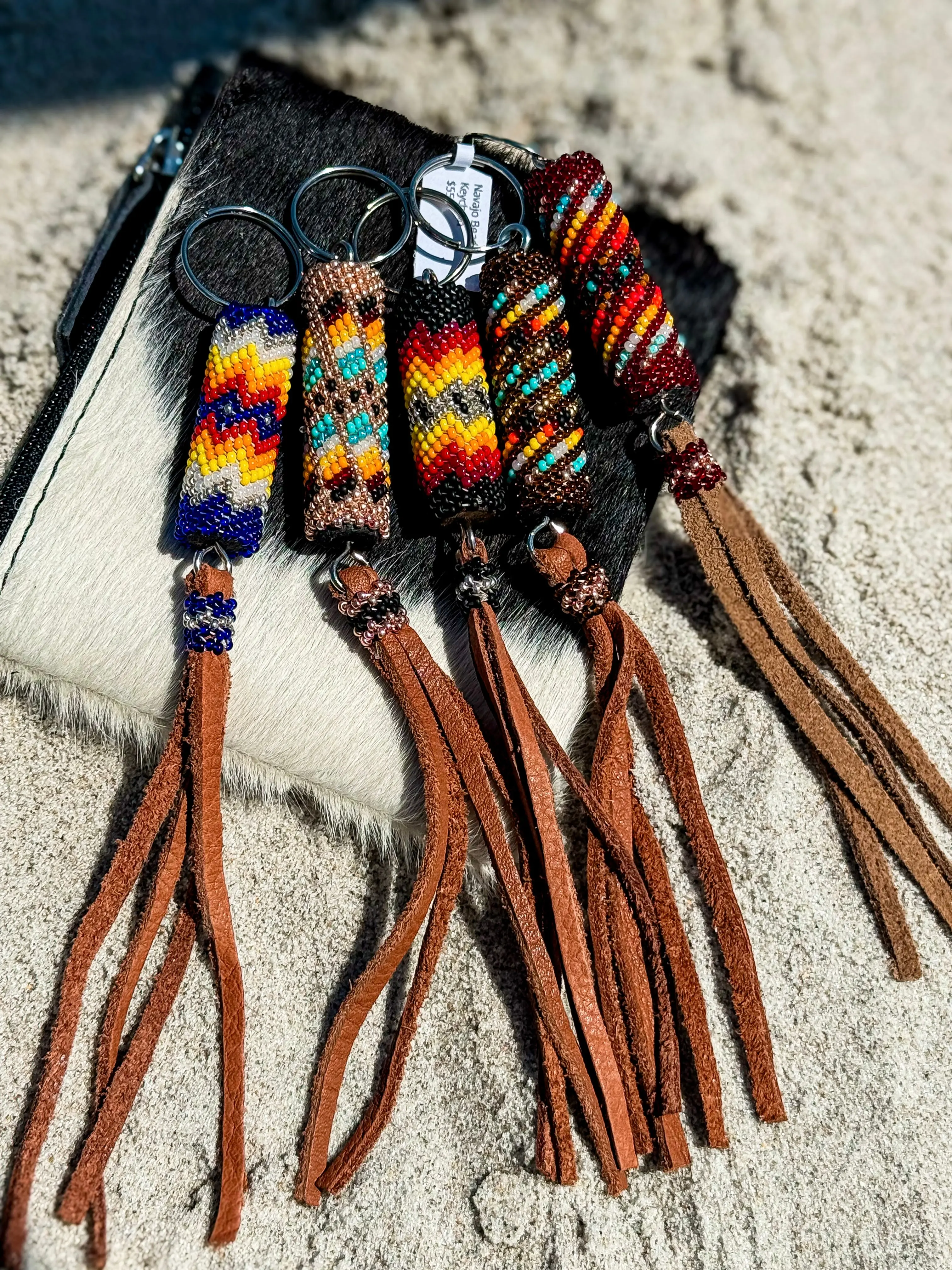 Handmade Navajo Beaded Keychain | Western Bag Charm w/ Leather Fringe