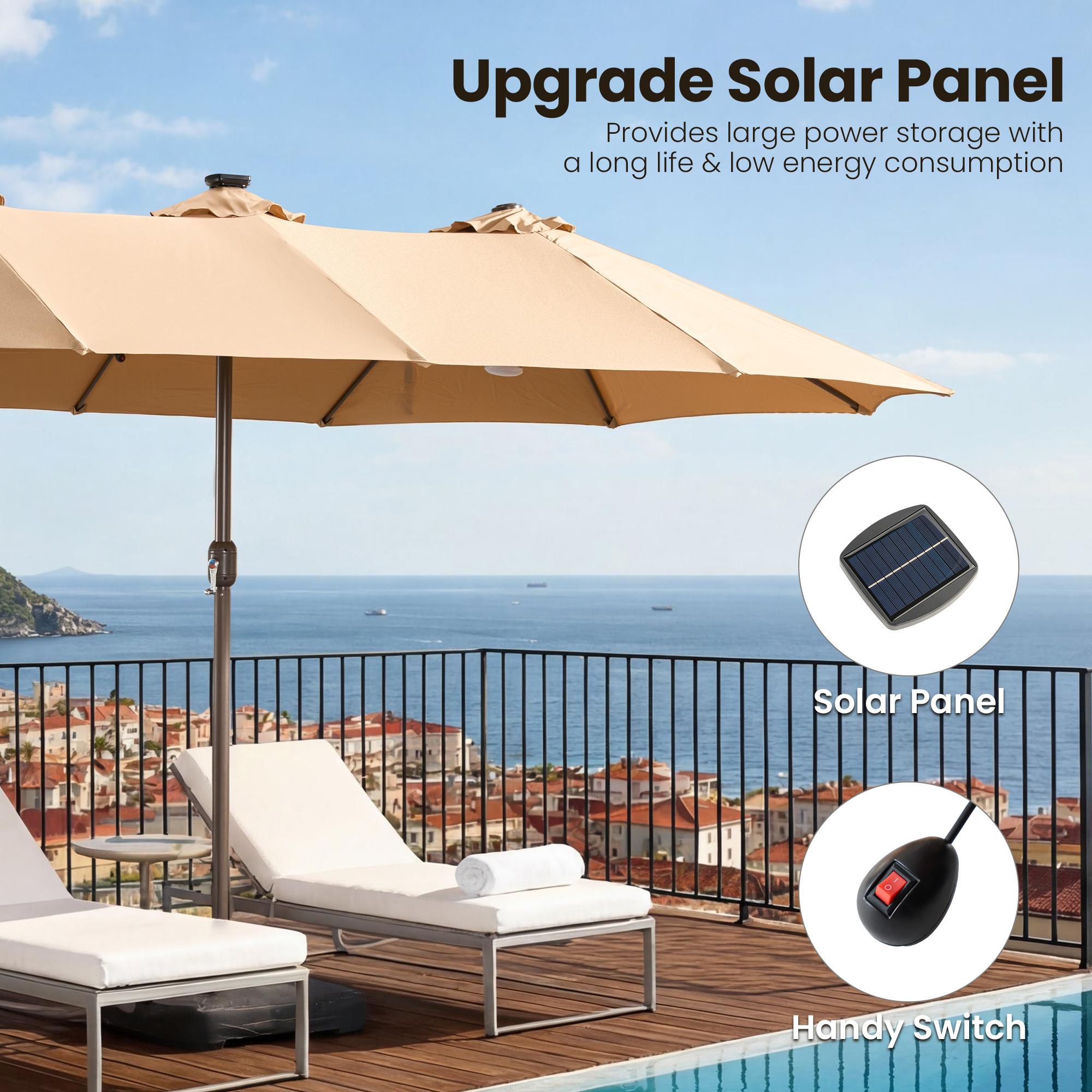 CAODOC 15ft Extra Large Double Sided Rectangular Patio Umbrella with Base Included, Solar Powered 36 LED Lighted Shade Canopy, Outdoor Market Parasol for Backyard Deck Garden Poolside