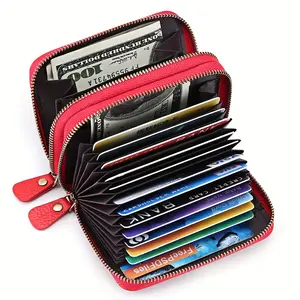 Head layer cowhide double zipper organ card bag ladies rfid anti-magnetic leather card holder large capacity ID card holder