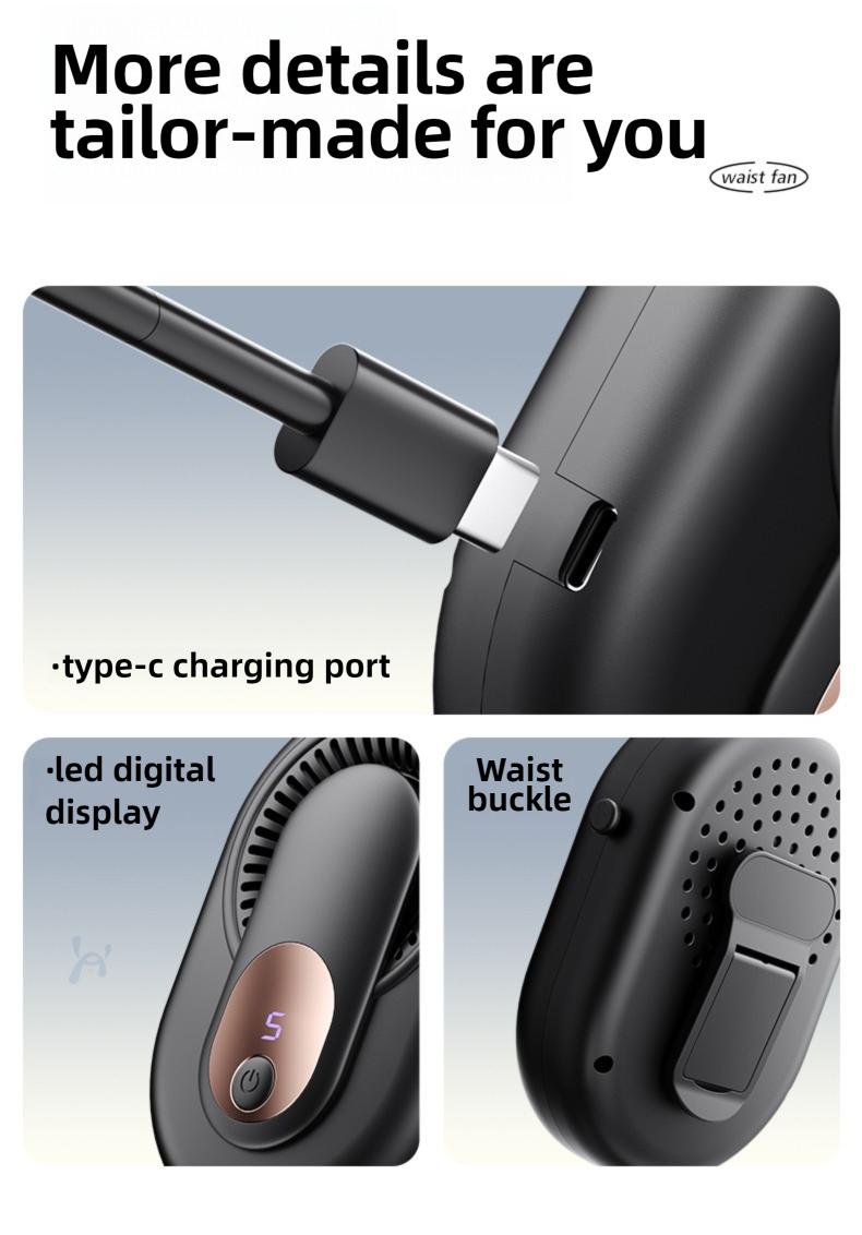 HOOYS Portable Leafless Fan, 5 Speed Mini Waist Fan, USB Rechargeable, Quiet Cooling for Travel, Outdoor & Commute, Phone Cooler