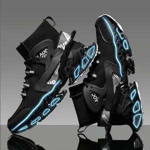Ultimate Futuristic High Top Sneakers with Blue Neon Lights and Black Design Footwear Shoe