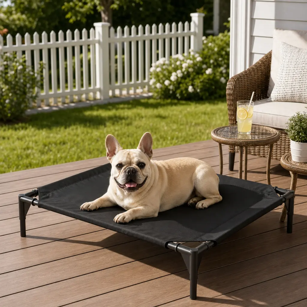 Elevated dog bed for large dogs, featuring breathable Oxford fabric and a sturdy frame—a cool pet bed that’s easy to clean and suitable for indoor and outdoor use; a favorite among pet lovers who enjoy outdoor activities.portable durable frame