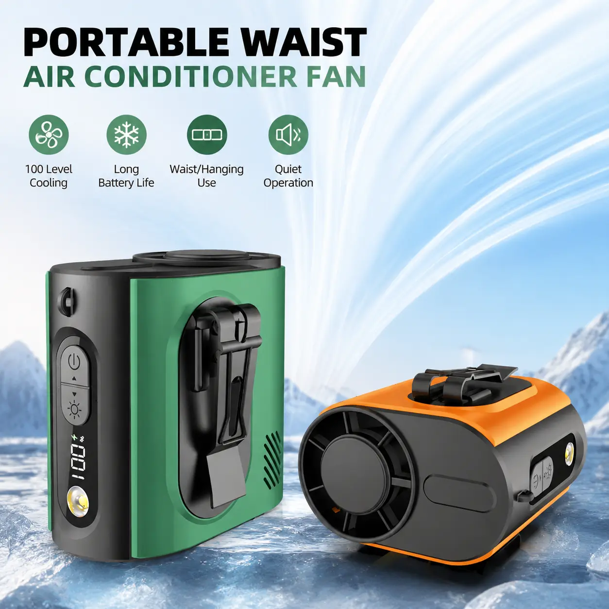 Portable Waist Fan, 100-Speed Cooling Personal Fan with Long Battery Life, Hands-Free Hanging Neck Fan for Outdoor Activities, Camping, Hiking & Summer Travel